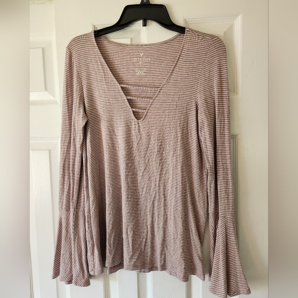 American Eagle Mauve Striped V-Neck Blouse With Bell Sleeves
